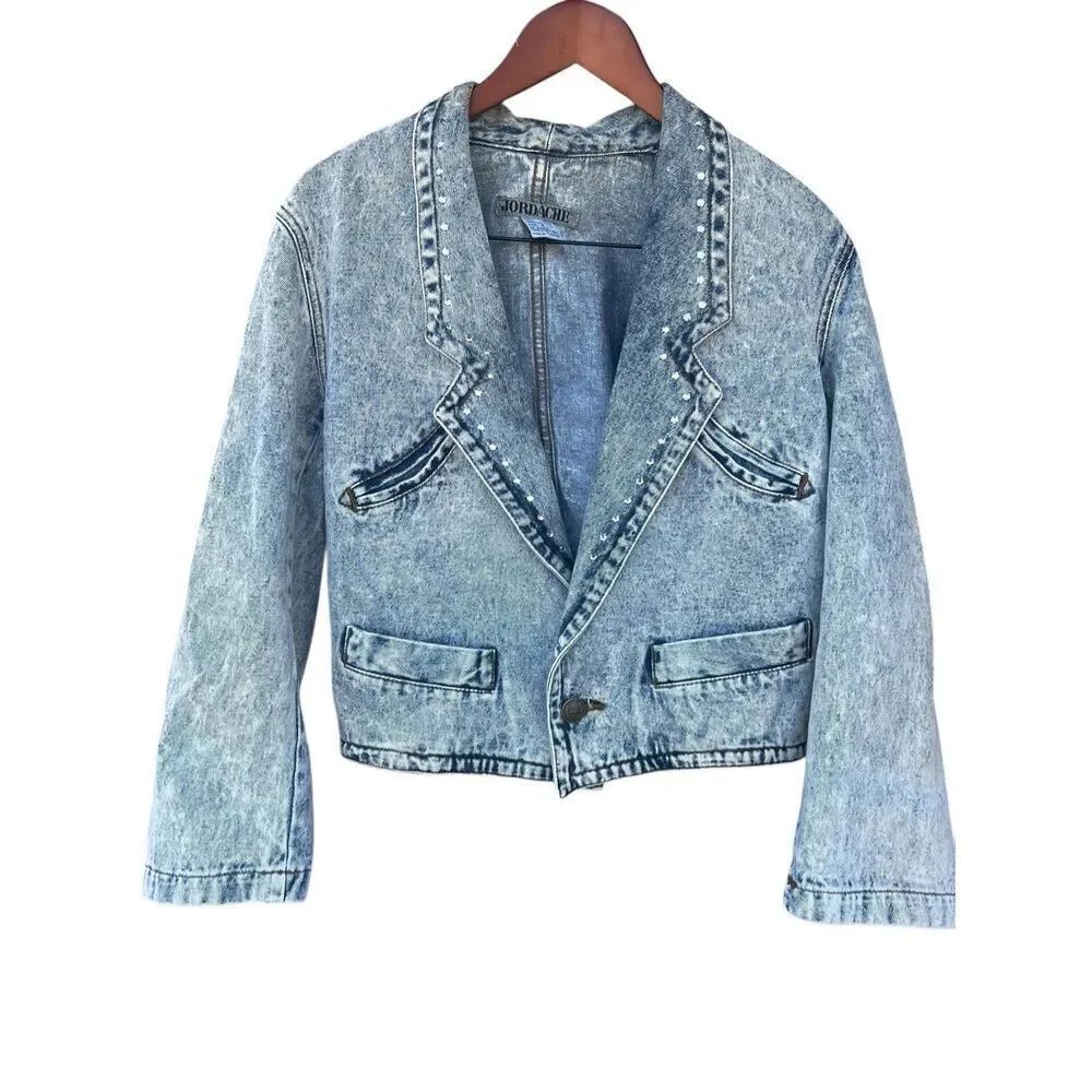 Jordache S Vintage acid wash rad grunge cropped rhinestone Jean  jacket 80’s